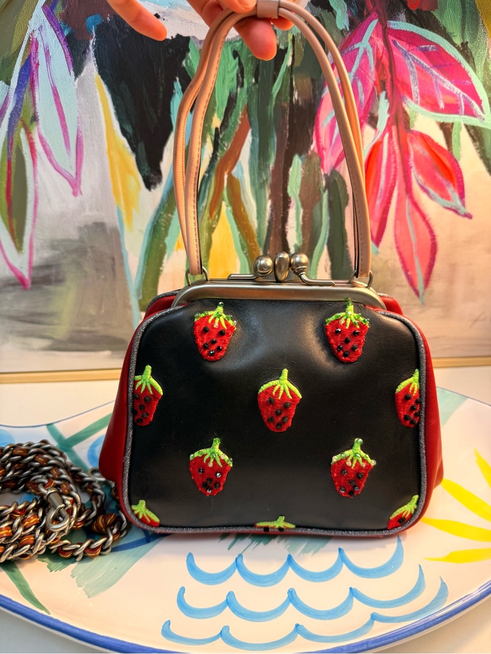 COACH 1941 LIMITED EDITION BLACK/RED STRAWBERRY DOUBLE KISSLOCK SATCEL BAG 11326